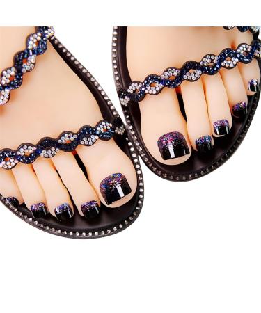 24Pcs Press On Toe Nails False Toenails for Women and Girls Short Glitter Toe Naiils Decorated Press On Toe Nails Full Cover Fake Toenails with Glue On Toenails for Women Blue