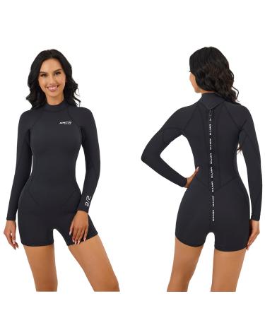 MWTA Womens Shorty Wetsuit, 2mm Neoprene Long Sleeve Swimsuit with Back Zip, Offers UV Protection, Wetsuit for Diving Snorkeling Swimming Surfing Black 6 (5'4