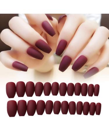 Beaupretty Wine Red Coffin Nails Full Cover Matte False Nails French Acrylic Press On Nails for Women 24pcs - Buy Online on GoSupps.com
