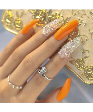 Sethexy Sparkle Long Ballerina False Nails - Shiny Bling Coffin Acrylic Press-On Nail Tips (24 pcs Orange) for Women & Girls - International Shipping - Buy Online on GoSupps.com
