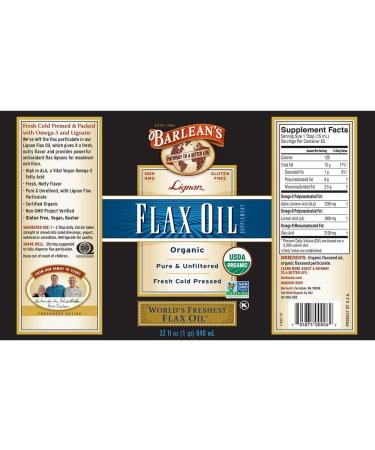 Barlean's Organic Lignan Flax Oil 32 fl oz - Premium Omega-3 & Omega-6 Supplement - Buy Online on GoSupps.com
