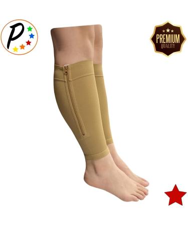 Shin Premium 20-30 mmHg Compression Leg Calf Sleeve with Zipper - Beige 2X-Large | International Shipping Available - Buy Online on GoSupps.com