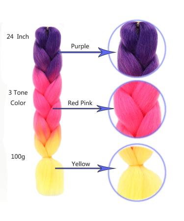 Imierfa 3 Tone Ombre Braiding Hair Extensions 24 Inch 3PCS - Purple-Red Pink-Yellow | Kanekalon Feed in Hair for Braids, Twist, Box Braids, Crochet - Buy Online on GoSupps.com