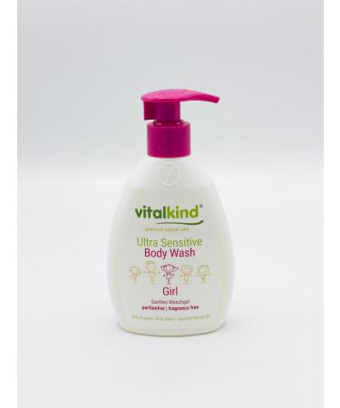 vitalkind Ultra Sensitive Body Wash Girl Fragrance Free Shower Gel for Sensitive Skin with Organic Aloe Vera Oil & Apricot Kernel Oil pH 5.5 Natural Body Care for Girls 200ml