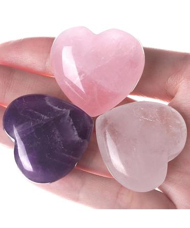 MAIBAOTA 30mm Rose Quartz Amethyst Clear Quartz Heart Love Crystals Chakra Healing Stone Decor Natural Reiki Quartz Palm Pocket Energy Balance Meditation Good Luck Gemstone 3Pcs Pink+purple+white