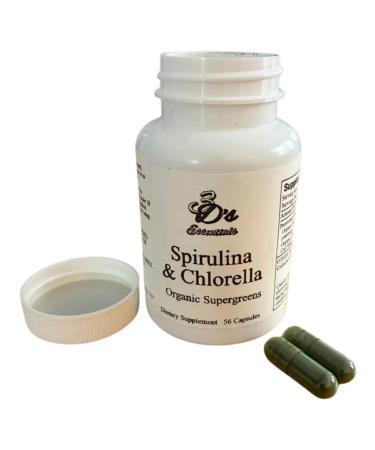 3D's Essentials Spirulina & Chlorella Organic Supergreens 56 Capsules 950mg per Serving