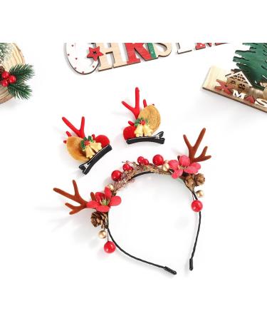 IYOU Christmas Headband with Hair Clips Red Reindeer Antlers Hair Band Red Berry Pine Cone Xmas Headwear Hair Accessories for Adult Kids - Buy Online on GoSupps.com