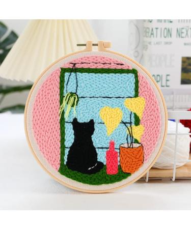 Easy Wool DIY Craft Punch Needle Embroidery Kits Crochet Rug for Starter Kits with Stamped Color Pattern Package Included Instruction Yarn and Adjustable Pen Hoop (Cat at Window )