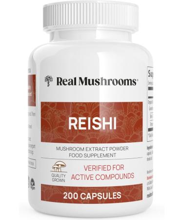 Real Mushrooms Reishi Capsules - Organic Mushroom Extract Supplement with Potent Red Reishi Mushroom for Longevity, Mood, Sleep, & Immune Support - Vegan Mushroom Supplement, Non-GMO, 200 Caps