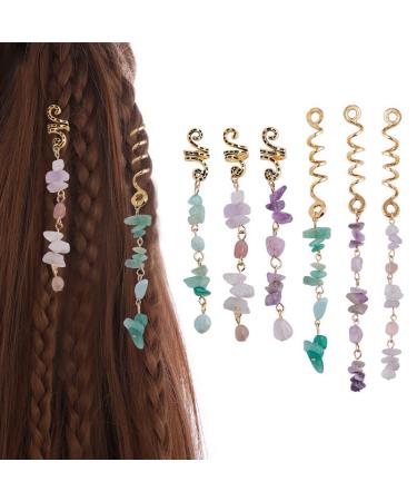 FRDTLUTHW Colored Natural Stone Pendant Hair Jewelry for Braids Crystal Dreadlock Accessories for Women Girls(pack of 6) 6PCS Green Pink Purple