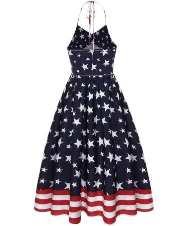 Womens Swing Dress American Flag Print Halter Backless A Line Pleated Flowy Independence Day Casual Dresses - XX-Large Blue - Buy Online on GoSupps.com