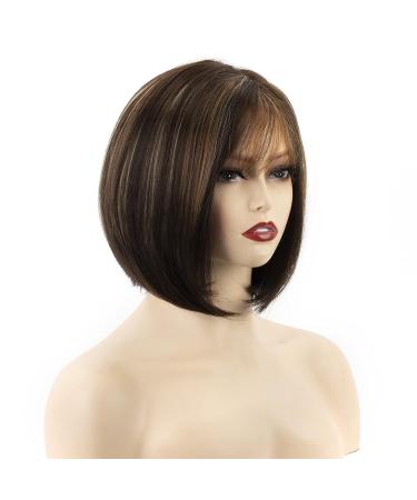 Short Bob Wig for White Women with Bangs - Brown Mixed Blonde Highlights - Synthetic Hair Replacement for Daily Wear - Buy Online on GoSupps.com