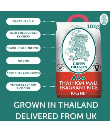 T&L Green Dragon Thai Jasmine Fragrant AAA Rice 10kg - | Delicate Jasmine Aroma | Long Aromatic Grains | Versatile for Various Cuisines | Ethically Sourced Farming | Nutrient-Rich | Gluten-Free - Buy Online on GoSupps.com