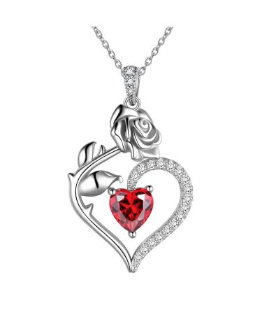 Cute Cat Necklace with Sparkling Zirconia Crystal Birthstone Pendant Necklace for Girls Womens White Gold Over 925 Sterling Silver Animal Necklace Birthstone Jewelry Sweet Present Girlfriend Sisters A January-Garnet