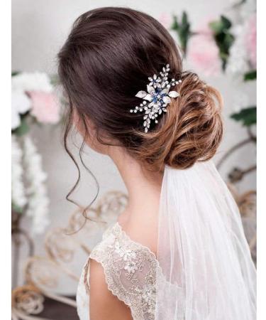 Bridal Sapphire Crystal Hair Comb Pearl Blue Crystal Leaf Marquise Hair Piece Prom Party Festival Wedding Hair Accessories for Women and Girls (Silver) Snap Clips - Buy Online on GoSupps.com