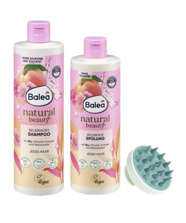 Whale Balea Natural Beauty Invigorating shampoo & conditioner set with organic peach extract and rice water + scalp massage brush for hair growth and blood circulation