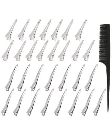 AYNKH 30 Pieces Duck Bill Hair Clips with Styling Comb 1.8Inch/3.5Inch Silver Metal Rustproof Alligator Curl Clips with Holes for Hair Styling Coloring Sectioning Salon Hairdressing Accessories