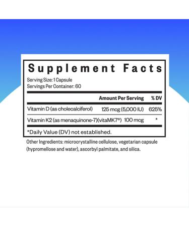 Vitamin D3 + K2 | 5000 IU D3 for Calcium Absorption | 100 mcg K2 for Circulatory Health | Bone & Immune Support | 60 Vegetarian Capsules - Buy Online on GoSupps.com