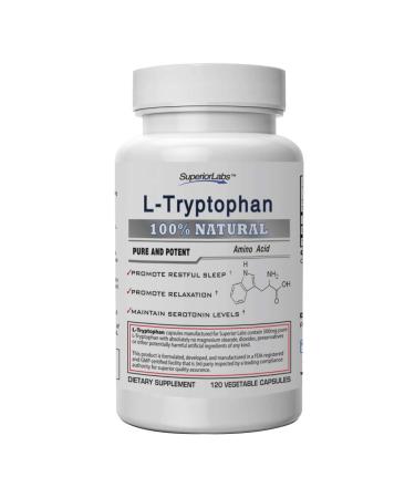 Superior Labs  Pure L-Tryptophan  500mg, 120 Vegetable Capsules  Non-GMO Dietary Supplement for Restful Sleep & Relaxation  Supports Feelings of Well Being and Healthy Circulation Circulation
