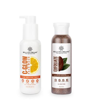 Bella Vita Organic Natural Skin Brightening Combo with Exfoliate Body & Face Scrub Grit and Vitamin C Glow Face Wash