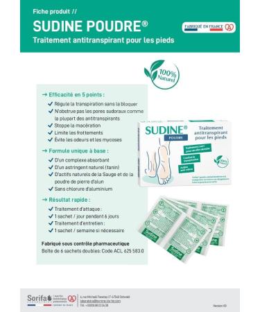 SORIFA - Pack of 6 - Sudine Powder Antiperspirant Treatment - Foot - Regulates perspiration - Absorbs - Prevents mycoses - Without aluminum salts - Made in France - Box of 100 double sachets - Buy Online on GoSupps.com