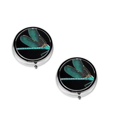Dragonfly Black Printed Mini Round Pill Box Pill Box 3 Compartment Medicine Pill Case Pill Organizer Travel Pillbox Portable Pill Box for Pocket Home Office Use