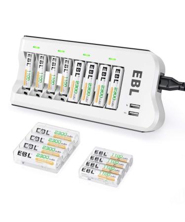 EBL AA 2300mAh (8 Pack) and AAA 1100mAh (8 Pack) Ni-MH Rechargeable Batteries and 808U AA AAA Rechargeable Battery Charger with 2 USB Charging Ports Charger with 8AA 8AAA