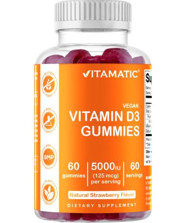 Vitamatic Vitamin D3 Gummies - 5000 IU Per Gummy - 60 Vegan Gummies - Great Taste - Healthy Bones Teeth Mood Joint & Immune System Function - Buy Online on GoSupps.com