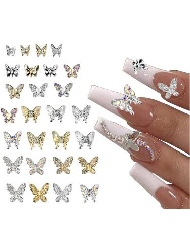 3D Butterfly Nail Charms Crystals Diamonds Rhinestones 22 PCS Metal Alloy Gold Silver Butterflies Charms Gems Design for Women Nail Art Decoration Craft Jewelry DIY Set-1