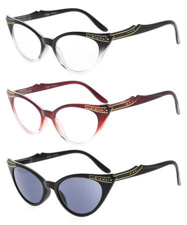 Eyekeper women 3 pairs reading glasses women vintage cat eye reader sun readers (black transparent/red transparent/gray lens 3.00)