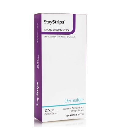 StayStrips Wound Closure Strips 1/4 x 3 Hypoallergenic Adhesive Flexible Moisture & Air Permeable Helps Reduce Scar Formation Primary and Secondary Closure 50 Pouches / 3 Strips (150 Strips) 0.25x3 3 50 Count