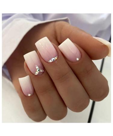 24Pcs Milky White Press on Nails Medium Length Gradient Pink Fake Nails with Rhinestones Designs Glue on Nails Fashion Acrylic Nails Decorate Glossy False Nails with Glue Square Stick on Nails For Women Girls Styles-2