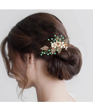 Flatser Green Beads Wedding Hair Clips Gold Pearl Flowers Bride Hair Barrettes Crystal Bridal Hair Accessories for Women