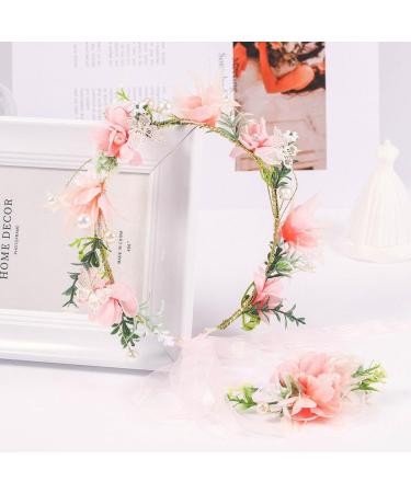 IYOU Wedding Flower Headband Set Pink Floral Crown Hair Wreath Pearl Bride Bridesmaid Hair Accessories with Wristband for Women and Girls - Buy Online on GoSupps.com