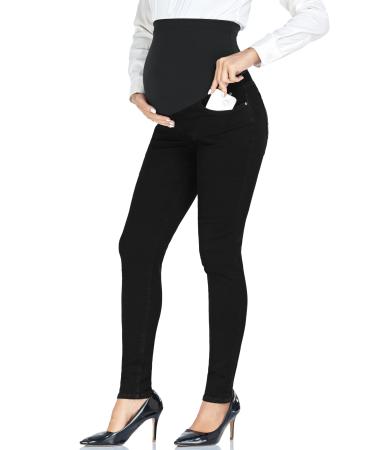 PACBREEZE Women's Maternity Jeans Over The Belly Slim Stretchy High Waist Denim Skinny Pants with Pockets 03: Black L