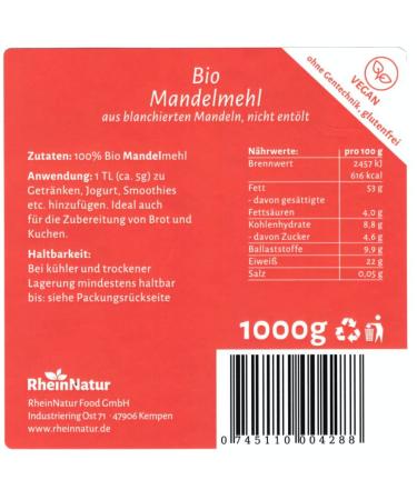 RheinNatur Organic Almond Flour 1kg - Blanched Vegan Low Carb - Perfect for Cooking & Baking - Buy Online on GoSupps.com