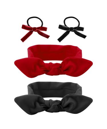 2 Pieces of Headbands 2 Hair Ties Women's Hairbands Red Bow Headbands Retro Headbands Hair Accessories Suitable for Sports Fitness Yoga Face Wash Hair Accessories Headbands (Red Black)