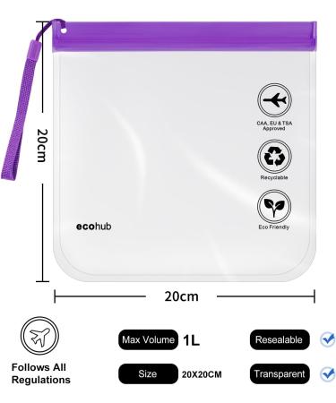 ECOHUB Airport Security Liquids Bags - 2 Pack Clear Travel Toiletry Bags with Strap - Airline Approved - Purple - Buy Online on GoSupps.com