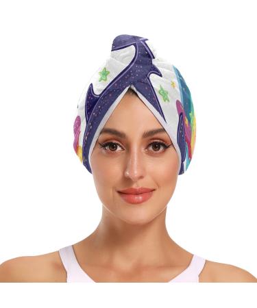 Cartoon Whale Star Cloud Rainbow Hair Towel 2 Pack Super Absorbent Hair Drying Towel Quick Dry Hair Turbans Head Towel with Button Twisty Wrap for Women Girls