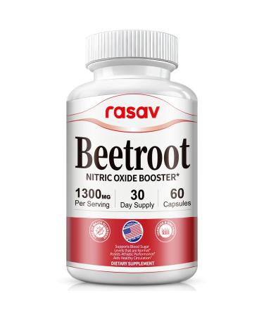Rasav Beet Root Capsules - 1300mg Beet Root Powder Helps Support Nitric Oxide Production, Blood Flow, Blood Circulation & Energy, Non-GMO, Beet Supplement - 60 Capsules, 30-Day Supply 60 Count (Pack of 1)