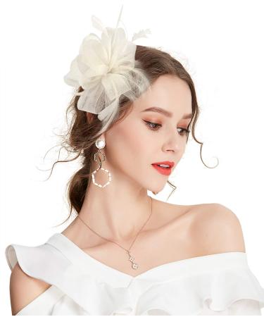 Z&X ladies fascinator wedding derby hat feather flower sinamay pillbox hat cocktail tea party headband clips one size A-beige