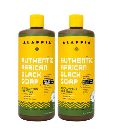 Alaffia Skin Care, Authentic African Black Soap, All in One Body Wash, Face Wash, Shampoo & Shaving Soap with Fair Trade Shea Butter, Eucalyptus Tea Tree, 2 Pack - 32 Fl Oz Ea 32 Fl Oz (Pack of 2)