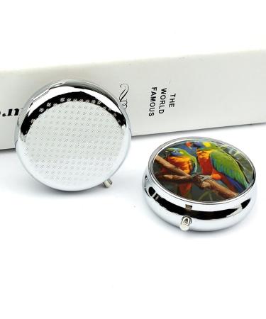 Round Pill Box with Parrot Painting - 3 Compartment Pill Organizer - Decorative Metal Portable Pocket Pill Case - Buy Online on GoSupps.com