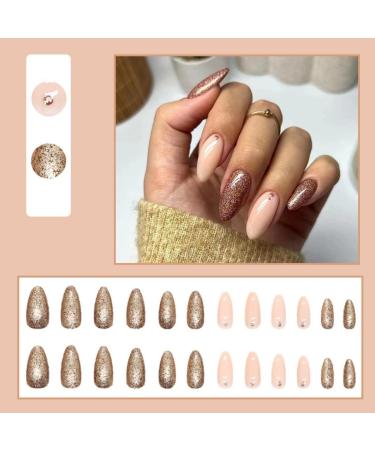 JustOTRY 24 Pcs Nude Oval Short False Nails with Jewels Brown Glitter French | Press on Nails Pattern - Almond Medium Stick on Nails | Nail Glue Included - Perfect for Women's Nail Art - Buy Online on GoSupps.com