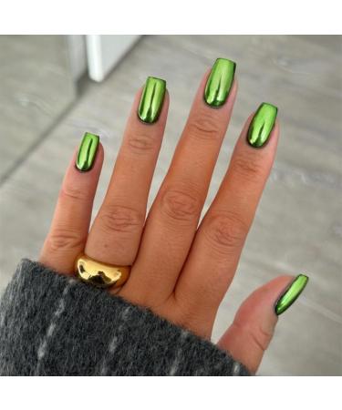 Mirror Metal Green Press on Nails Medium Short Square Chrome Glazed Short Gel Nails Press ons Shiny Plating Nails Acrylic Nails Reusable Thick Fake Nails for Women Glue on Nails Medium Length square green