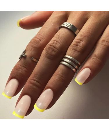 UKD Press On Nails Short with Designs Nude Square Stick On Nails for Women French Yellow Acrylic Nails Press On Full Cover Coffin Nails Glue On Nails 24Pcs Fake Nails for Nail Art Manicure Decoration - Buy Online on GoSupps.com