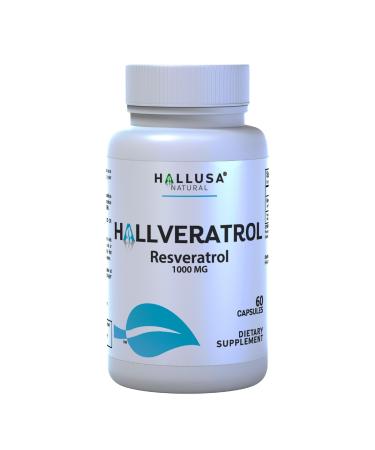Hallusa Natural Hallveratrol Resveratrol 1000 mg | Powerful Antioxidant Supplement for Anti-Aging Brain & Immune Support | Polyphenol from Polygonum Cuspidatum | Gluten Free Non-GMO | 60 Capsules