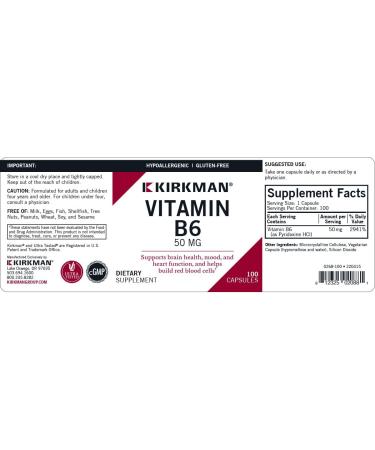 Kirkman Vitamin B-6 50 mg - Hypoallergenic || 100 Vegetarian Capsules || Gluten/Casein Free || Tested for More Than 950 Environmental contaminants. - Buy Online on GoSupps.com