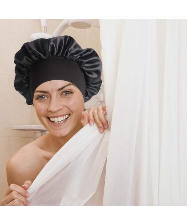 2 Pack Satin Bonnet Night Sleep Caps with Wide Elastic Band Silk Hair Wrap for Sleeping Soft Sleeping Head Cover Sleeping Hat for Women and Girls Curly Hair (Black) - Buy Online on GoSupps.com