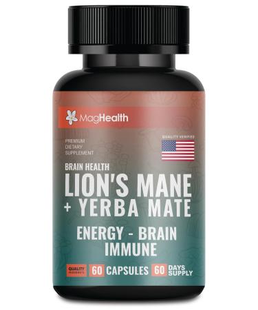 Lion's Mane & Yerba Mate Capsules 4-in-1 Nootropic Supplement | Organic Lion s Mane Mushroom for Focus, Clean Energy (75mg Caffeine) + Ashwagandha & Black Pepper | 60 Day Supply